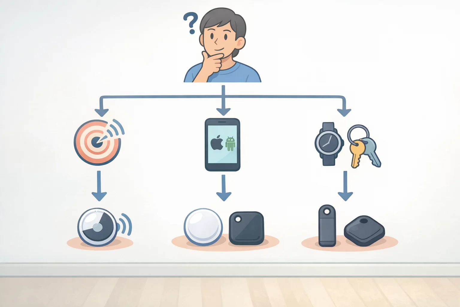 Buyer decision flowchart mapping iPhone users to AirTag, Android or mixed households to Tile Pro, and compact-format buyers to sealed-battery Tile models