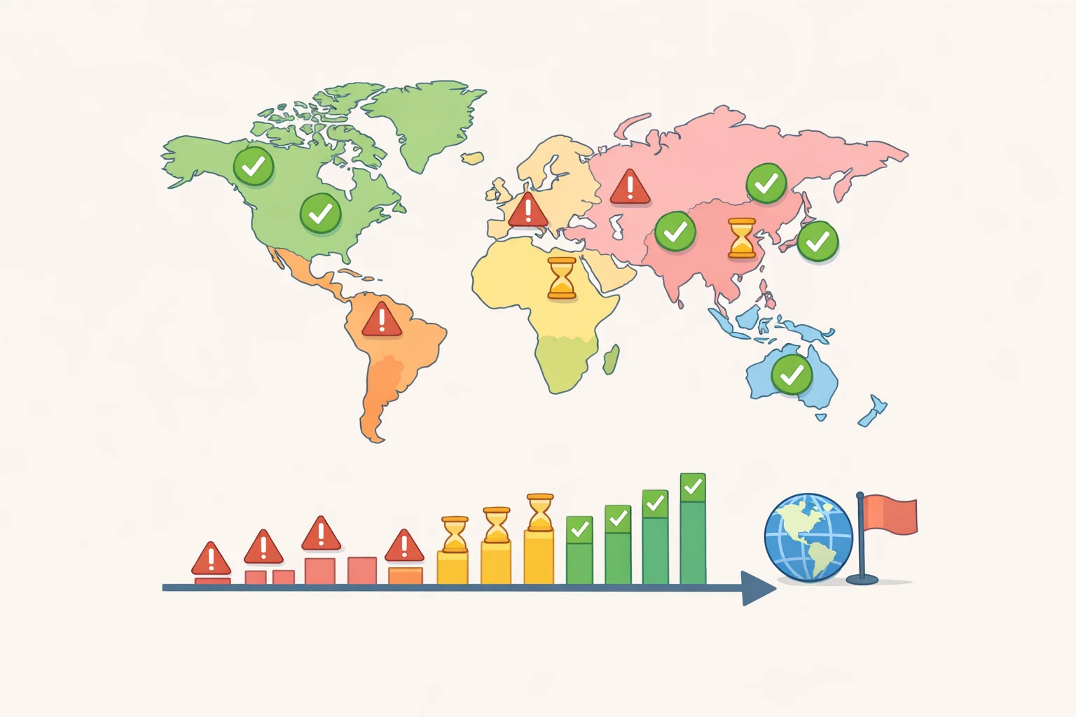 World map highlighting the seven markets where the WH-CH530 cleared certification, alongside a timeline leading toward IFA 2026 and the FCC confidentiality date