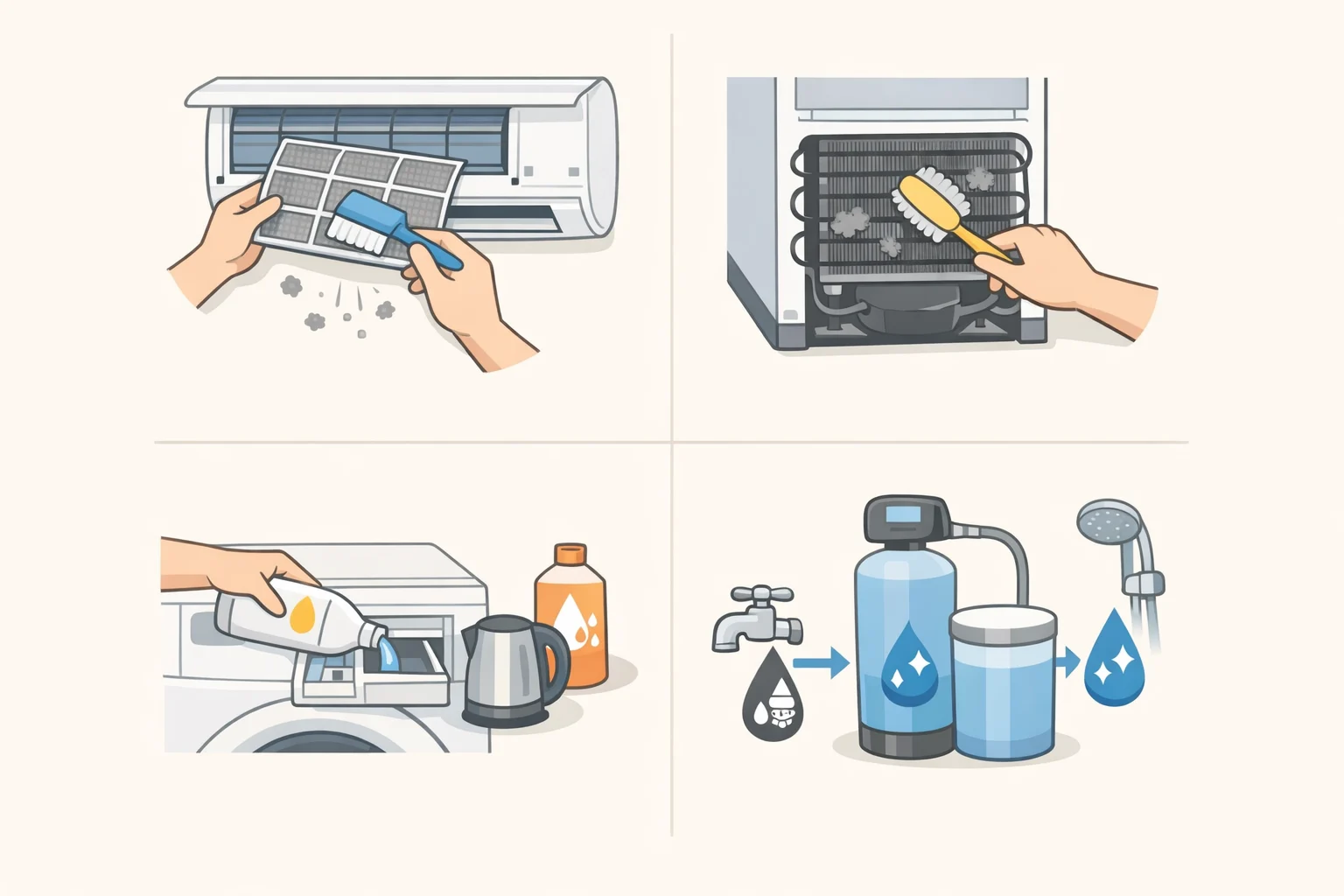 Home maintenance infographic depicting monthly dishwasher filter cleaning, annual refrigerator condenser coil cleaning, and hard-water descaling steps to extend appliance lifespan