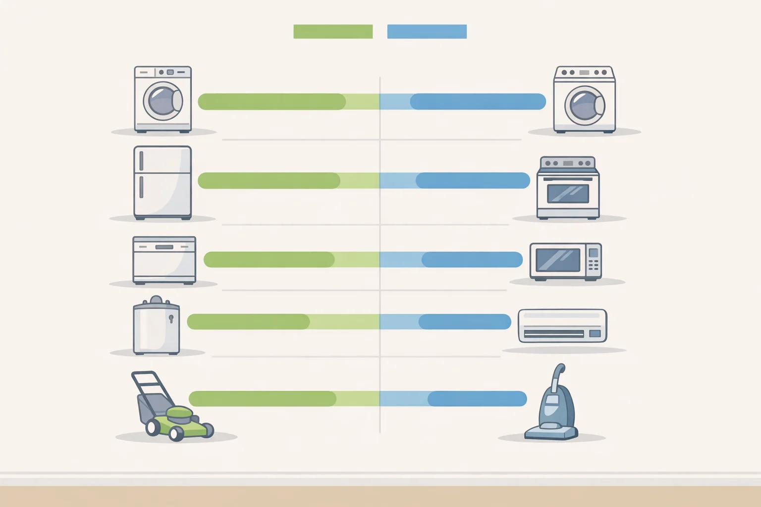 Lifespan chart comparing typical vs best-case years for household appliances to guide how often should you replace household appliances