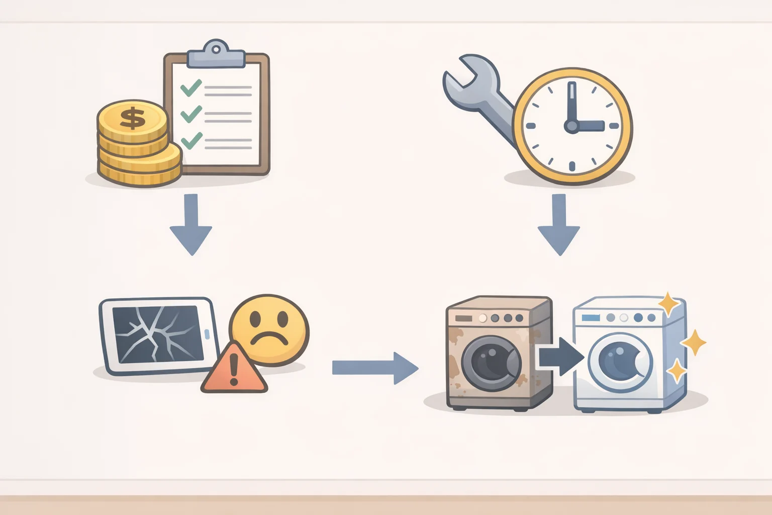 Checklist diagram showing the four checksage, repair vs replacement cost, failure type, and parts availabilityfor deciding whether to repair or replace a broken appliance