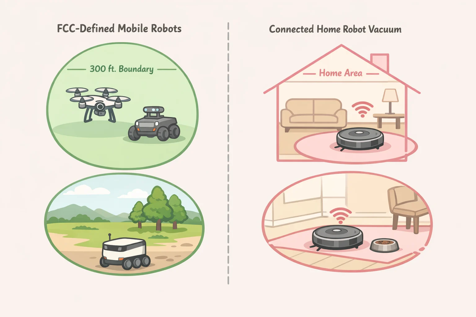 Diagram of the FCC 'advanced robotic devices' definition covering mobile robots such as humanoids and quadrupeds, and mapping the uncertain boundary for a robot vacuum