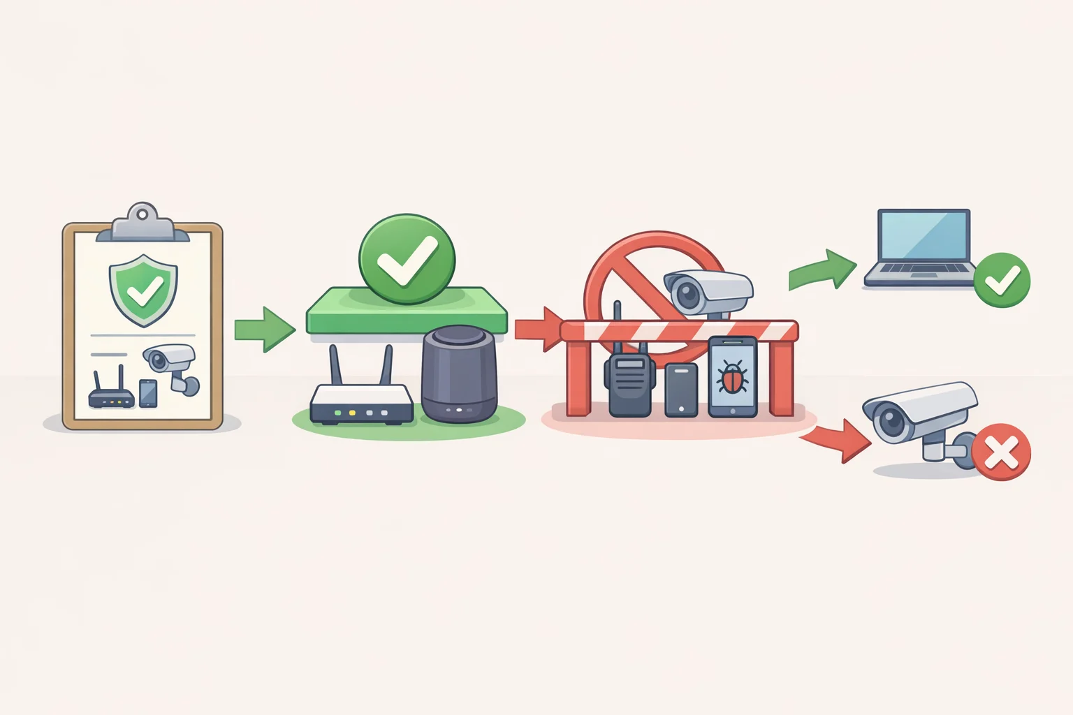Flowchart of the FCC Covered List blocking equipment authorization, illustrating how covered mobile robots are prevented from being imported, marketed, or sold in the US