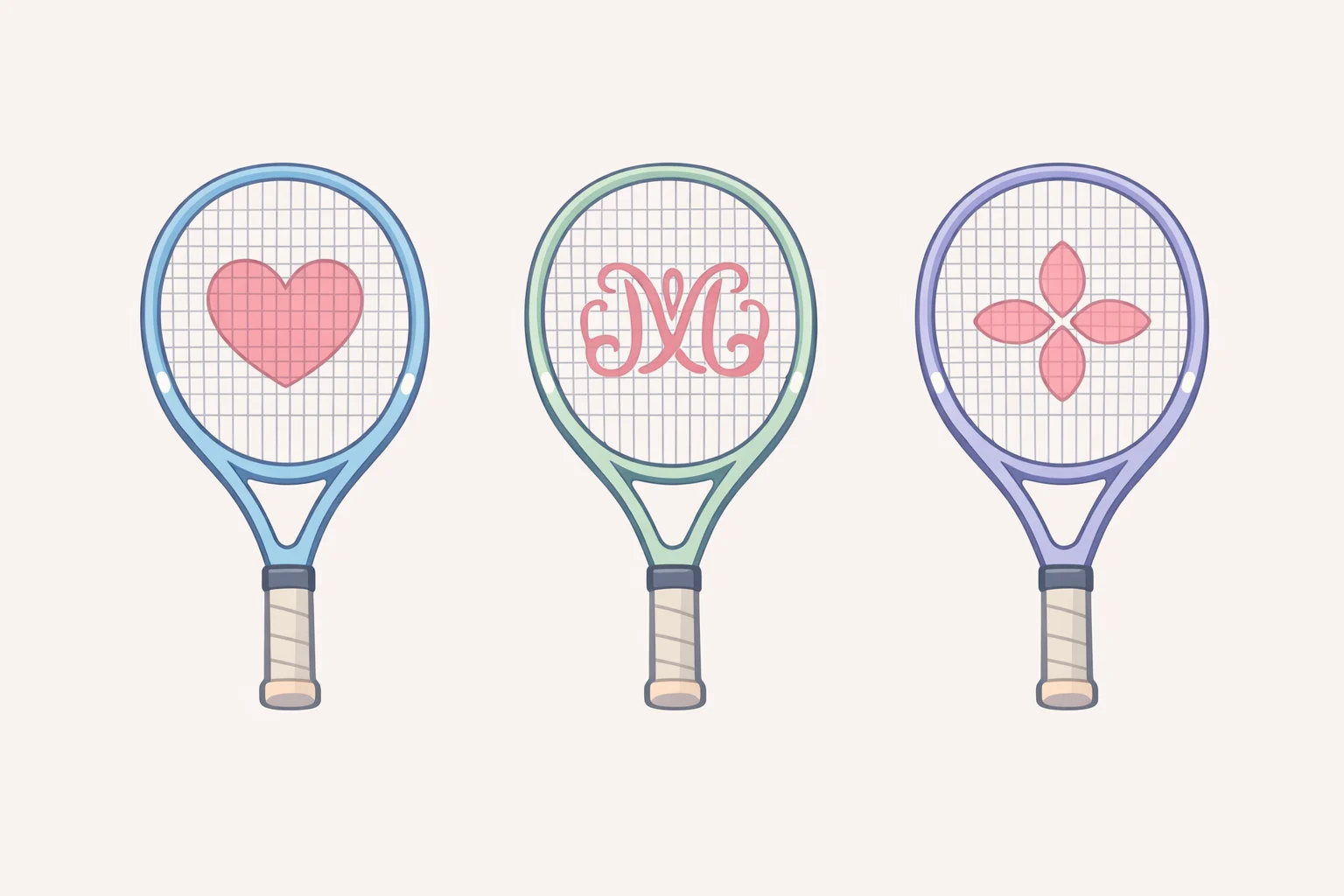 Photo comparison of a heart outline, a glued paper monogram template, and a floral petal build on an upcycled tennis racket string bed for how to embroider a tennis racket