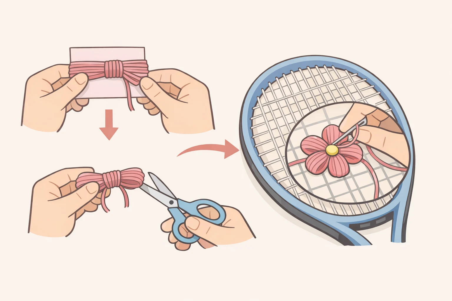 Illustration of wrapping thread around thick paper to make a petal off the tennis racket, then positioning and sewing it onto the string bed