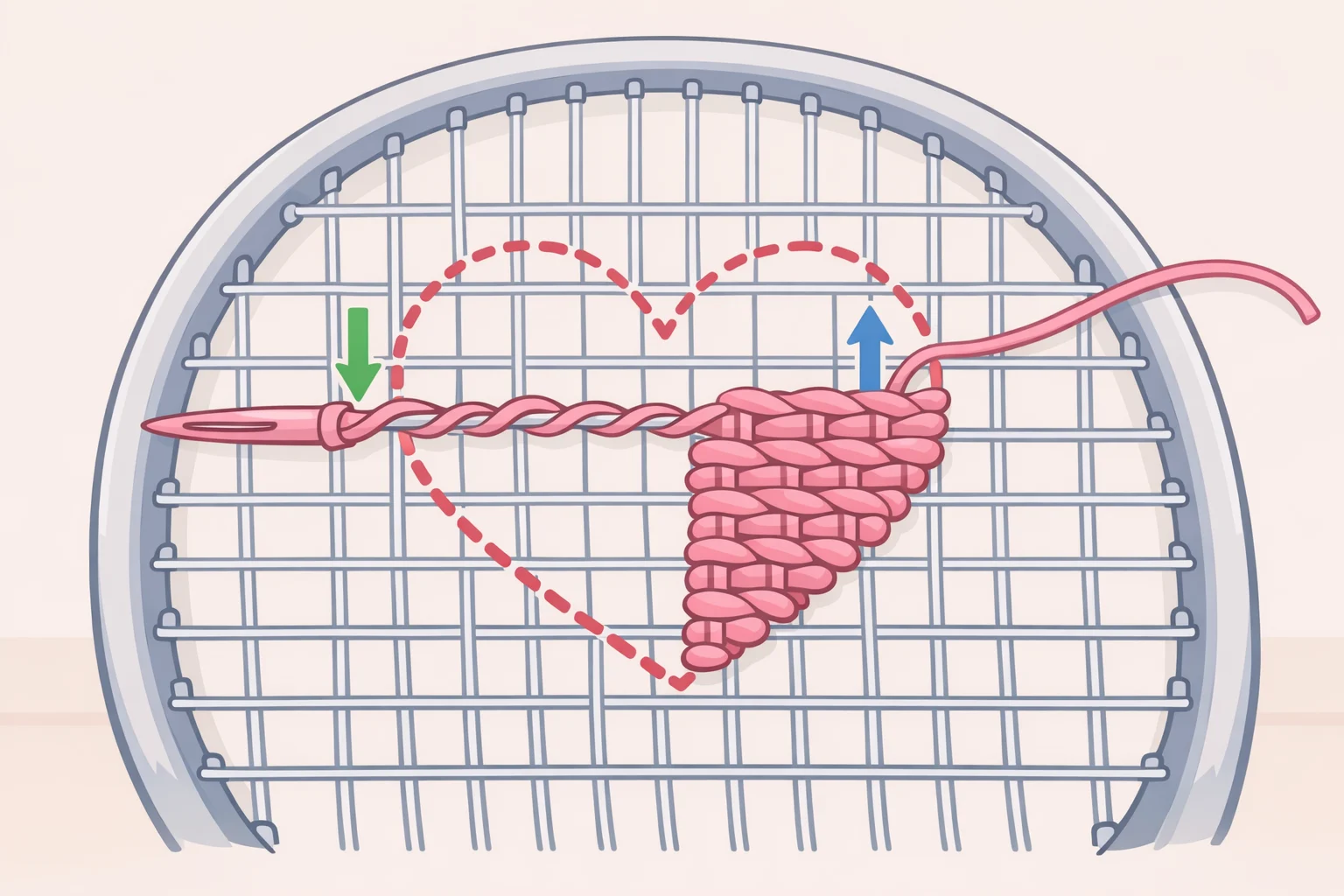 Close-up of thread passing over one tennis string and under the next to fill in a permanent-marker heart outline on the racket