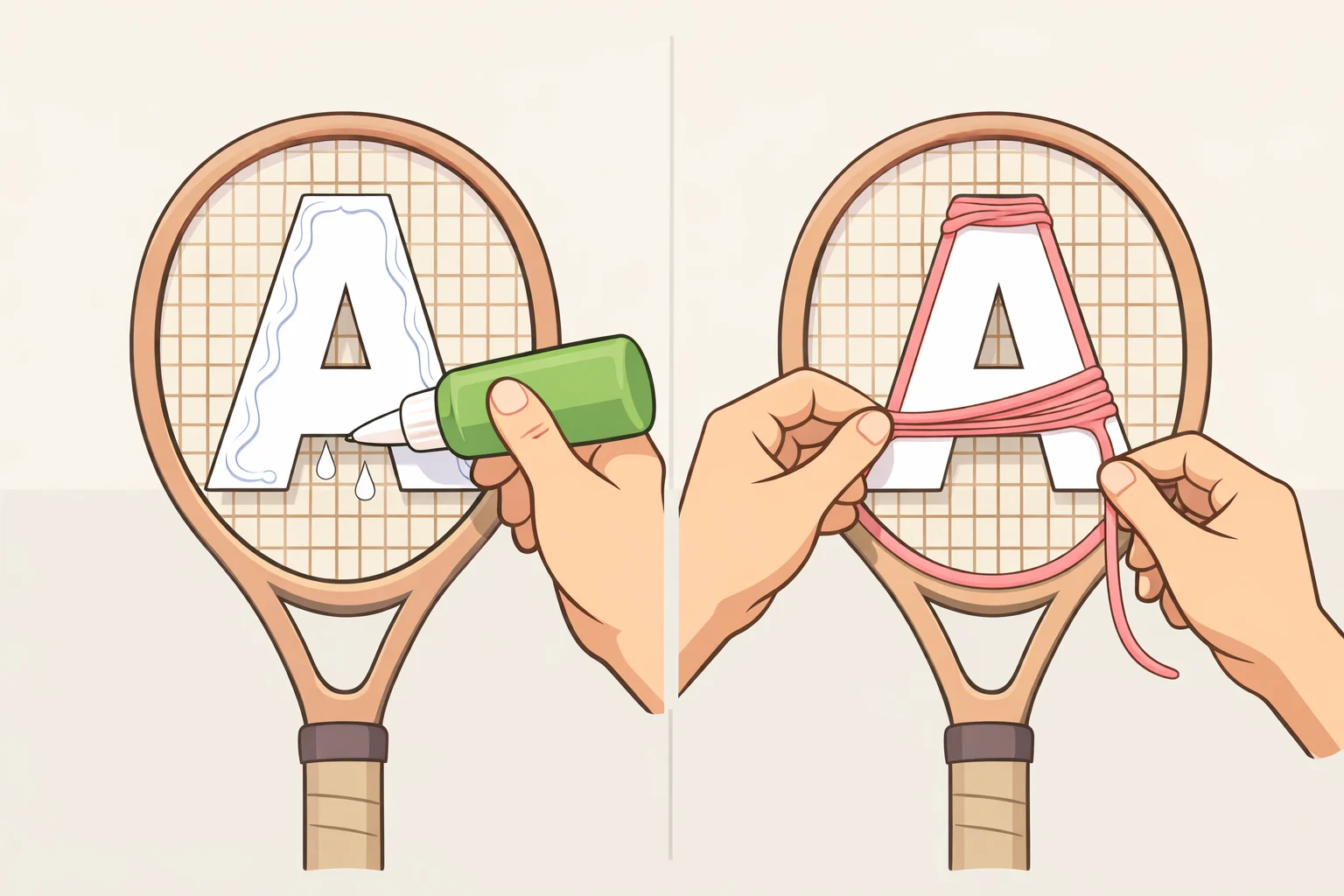 Step-by-step photo of a printed letter template glued to the back of a tennis racket so the yarn is woven around the outline