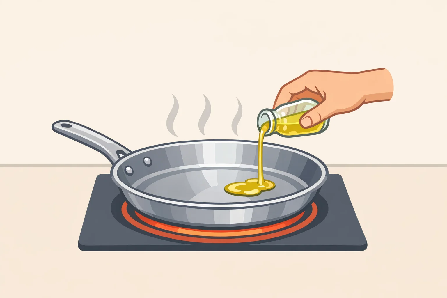 Illustration for how to cook with a stainless steel skillet: a stainless pan preheated over medium heat with oil shimmering after the burner turns on