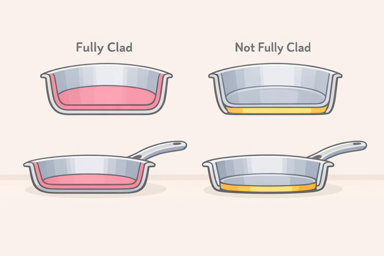 Illustration comparing a fully clad stainless skillet with bonded aluminum or copper core reaching the sidewalls versus a less complete cladding that heats unevenly