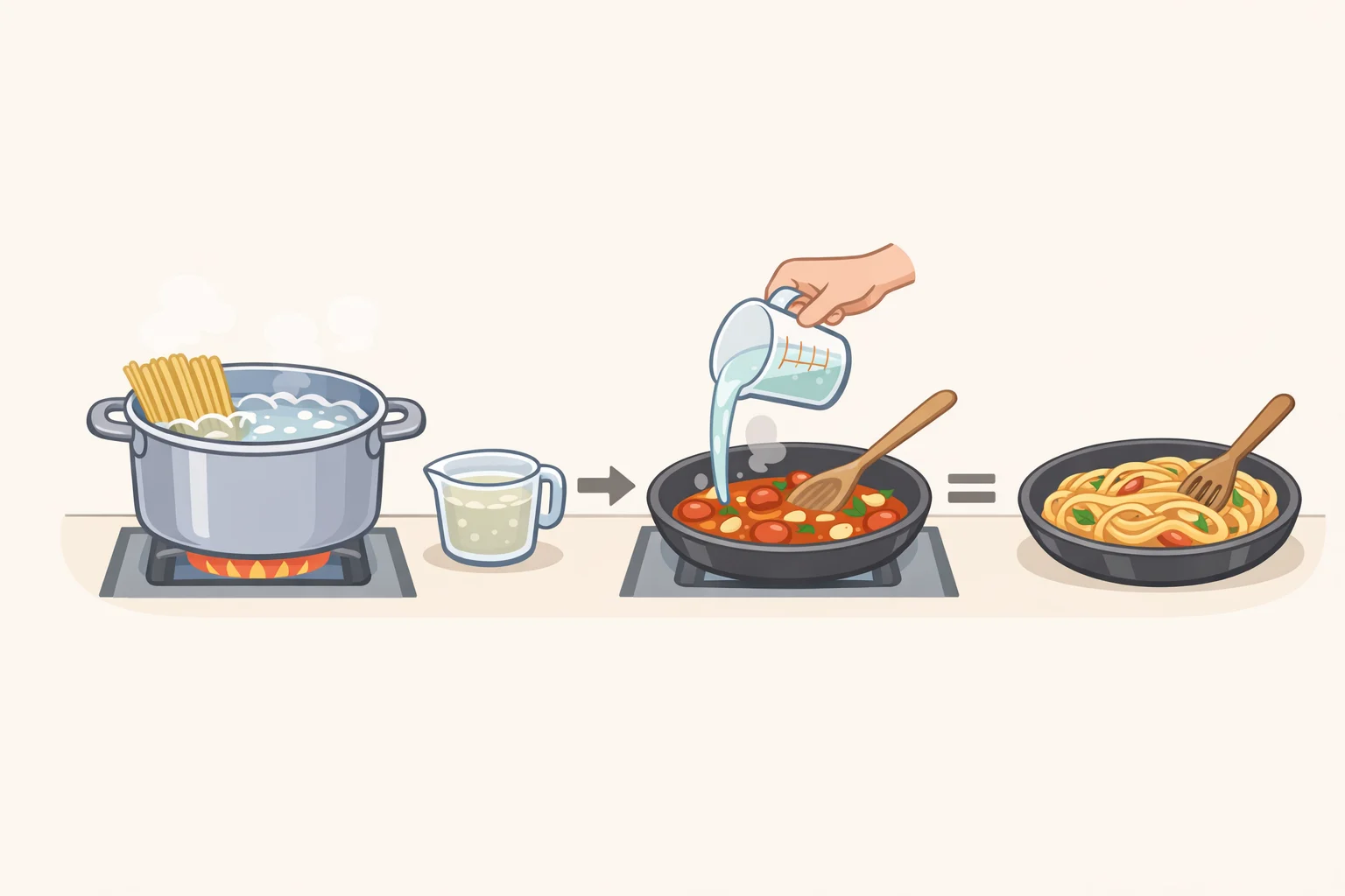 A split diagram showing two pots, boiling pasta separately to reserve starchy water, then finishing the drained noodles in the sauce over low heat with Parmesan for a glossier finish.