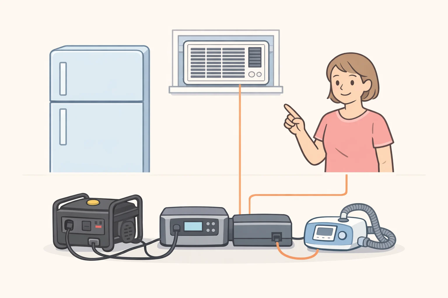 Illustration of a homeowner matching backup power sources to essential loads like phones, a refrigerator, and a medical device during a summer blackout