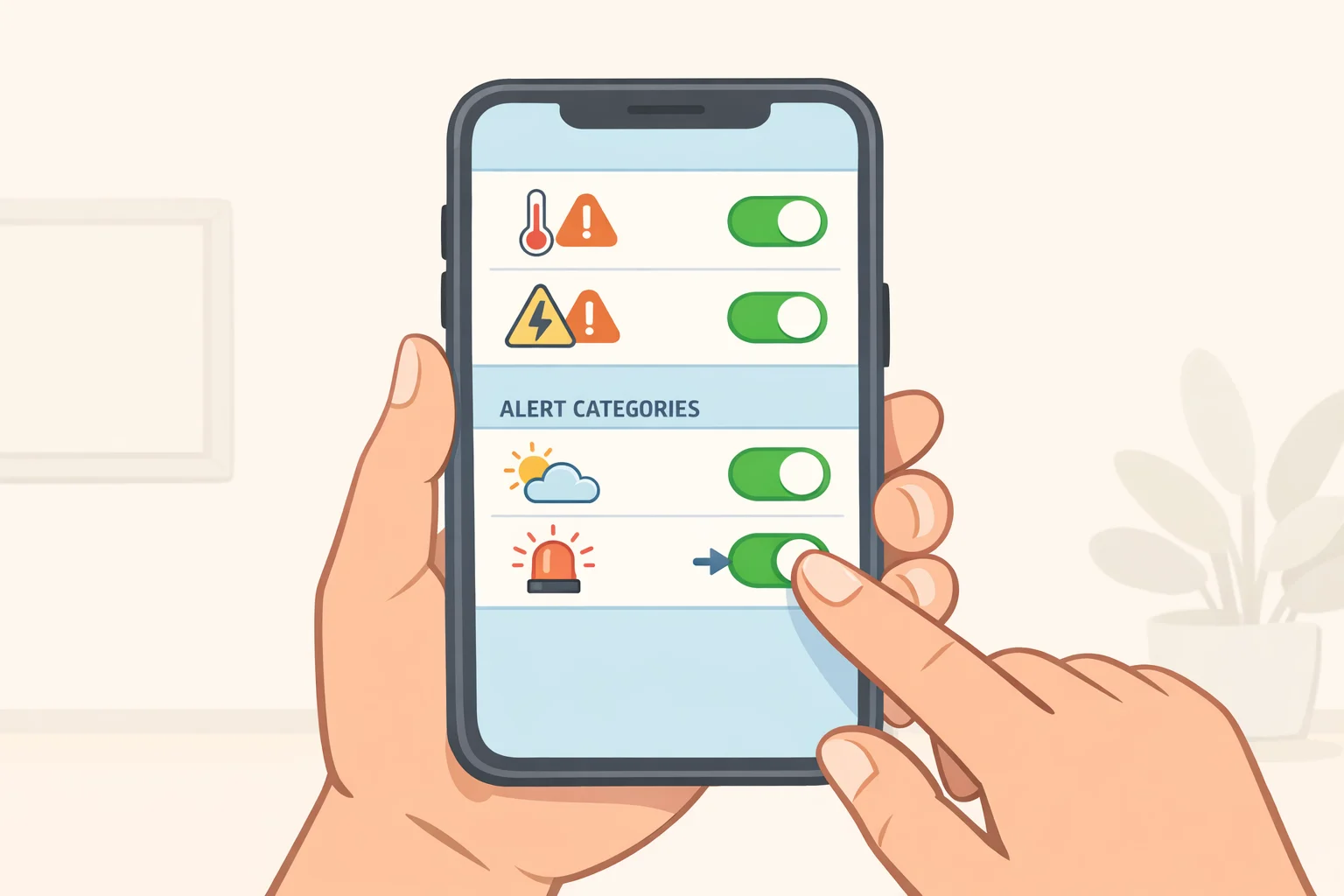Illustration of how to prepare for a summer power outage by enabling local heat and outage alerts on a smartphone notification settings page