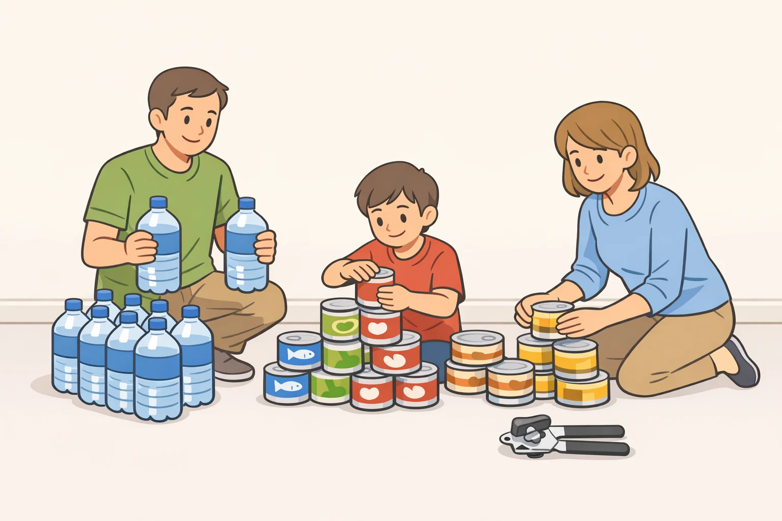 Illustration of an emergency kit with stored drinking water, canned food, dry mixes, and a manual can opener for a summer power outage