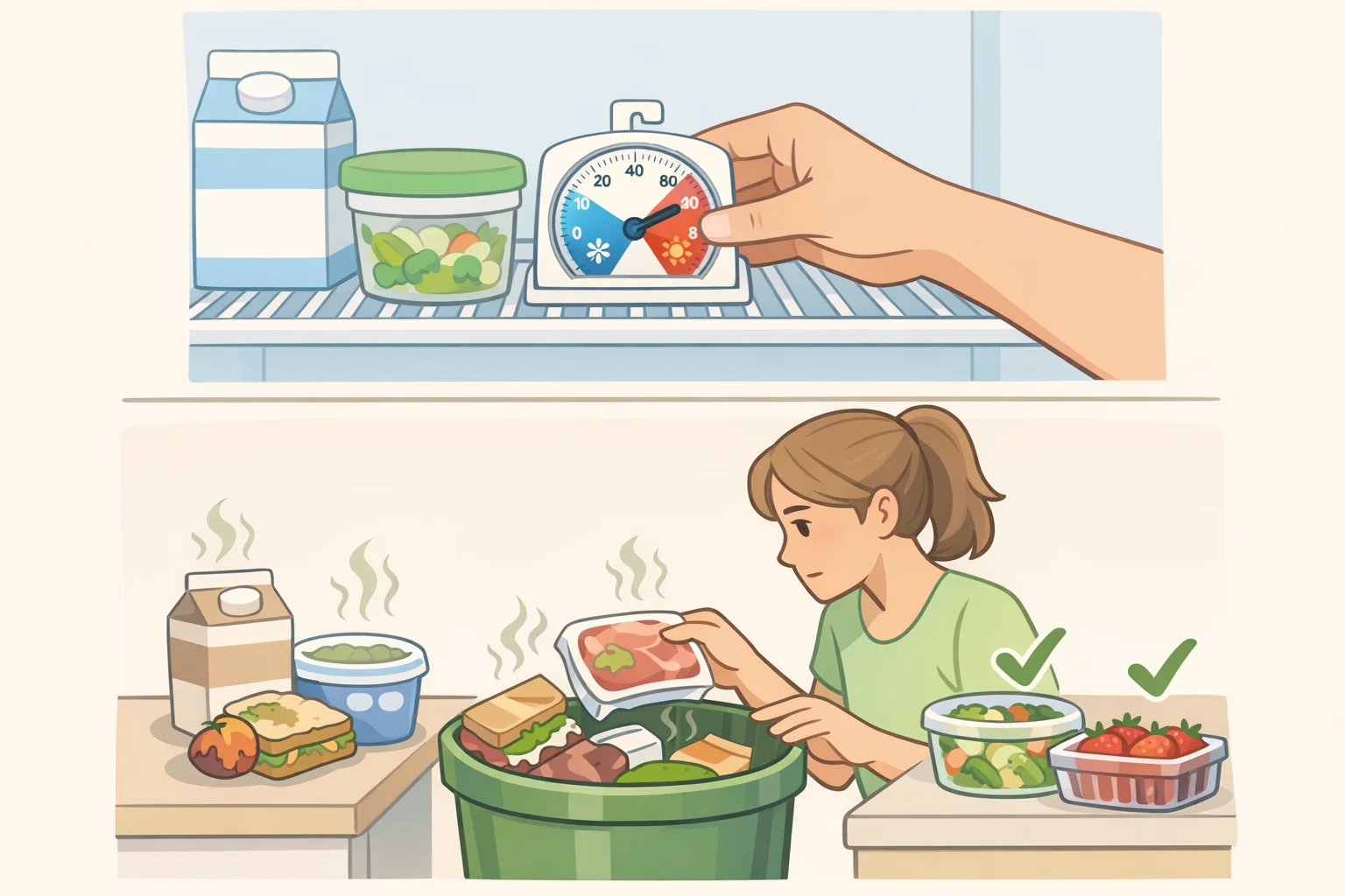 Illustration of a refrigerator thermometer showing 40°F or below and a checklist for discarding perishable foods after extended power loss