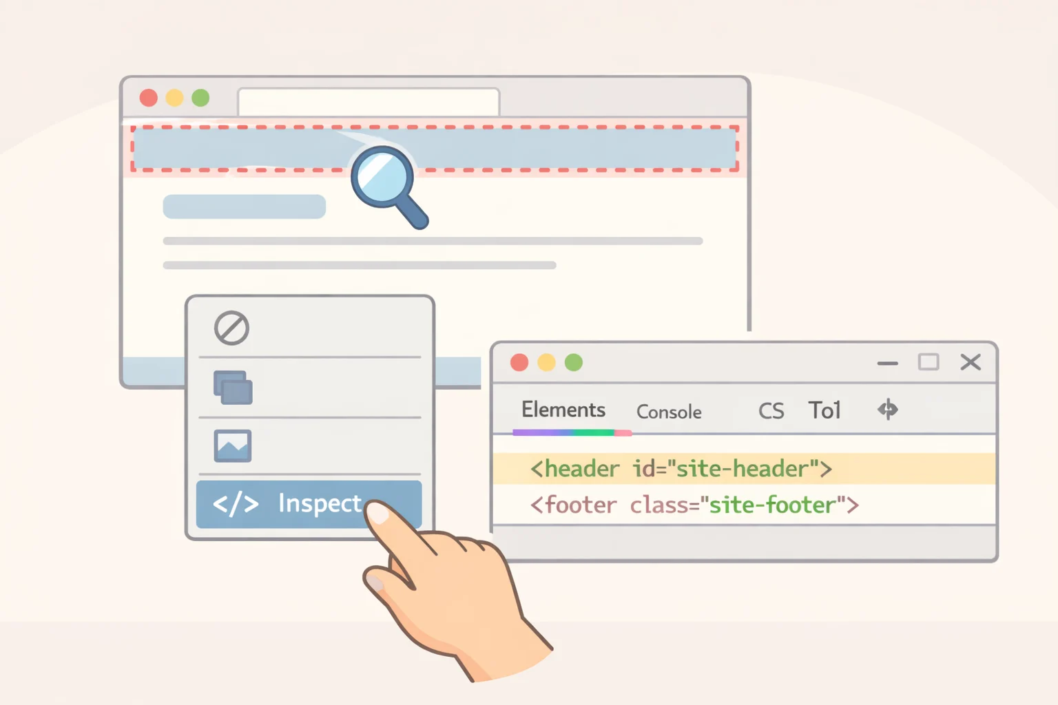 Illustration of right-click Inspect in developer tools with a page header/footer element highlighted and showing its tag, ID, or class selector