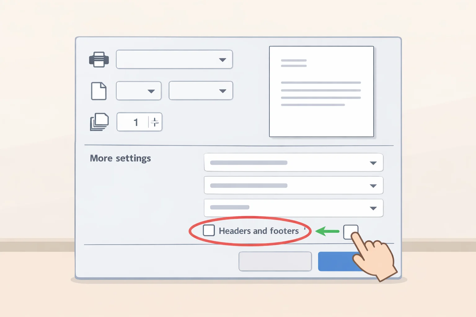 Screenshot of the Chrome/Firefox print dialog showing More settings expanded and the Headers and footers checkbox unchecked, useful for how to remove headers and footers when printing web pages