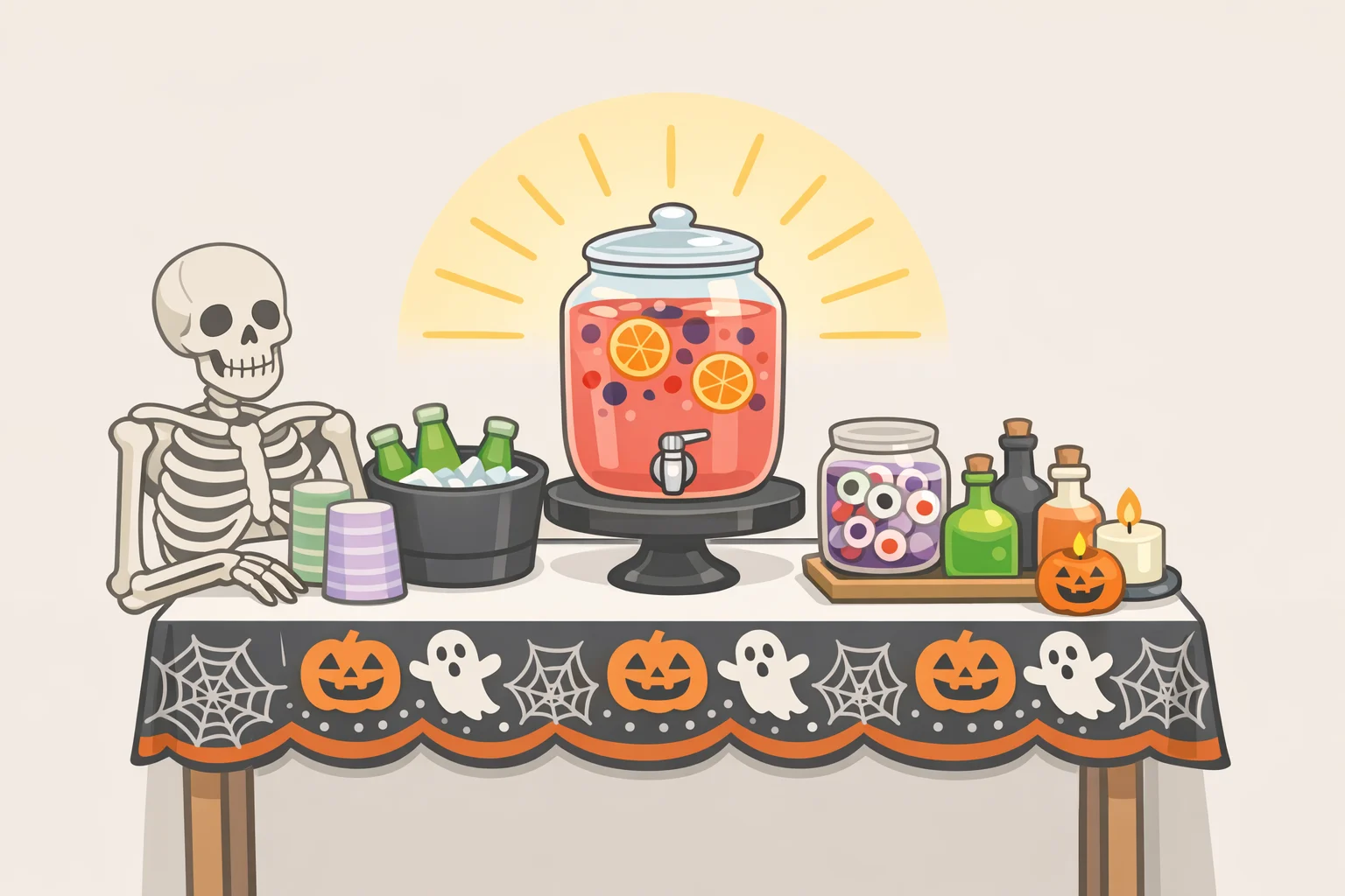 A drink cooler makeover with a reused Halloween tablecloth, string lights, and a small skeleton prop on a pool-float-style display