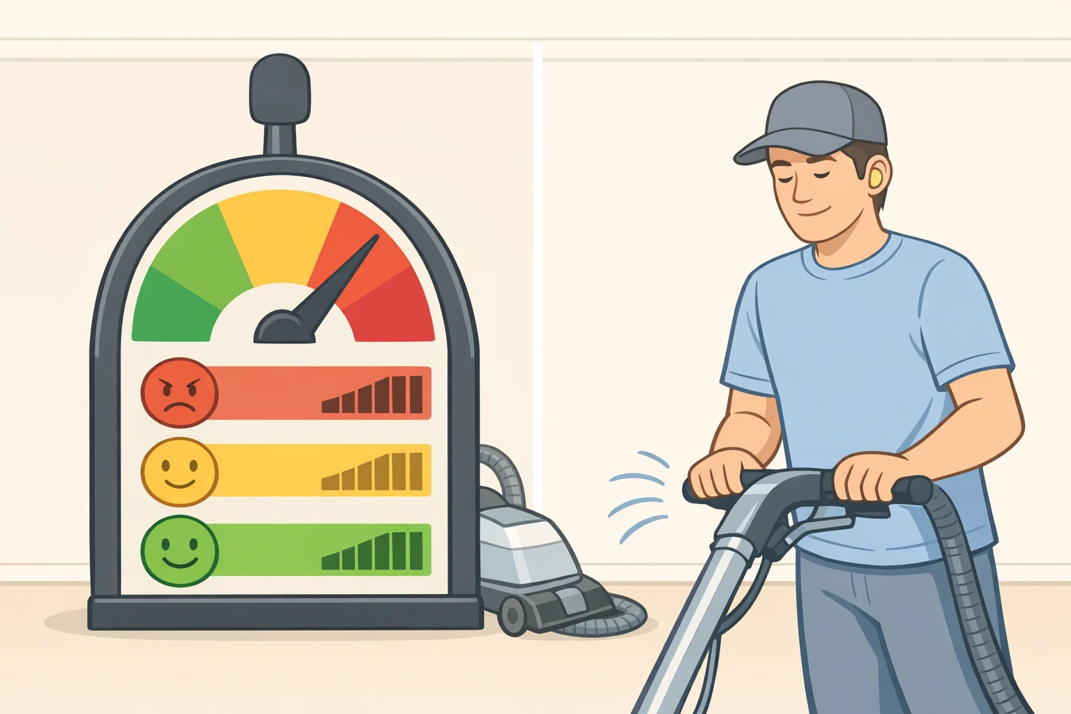 Noise-level gauge indicating 80 dBA to near 90 dB during carpet cleaning, paired with an illustration of someone using earplugs or noise-canceling headphones for hearing protection