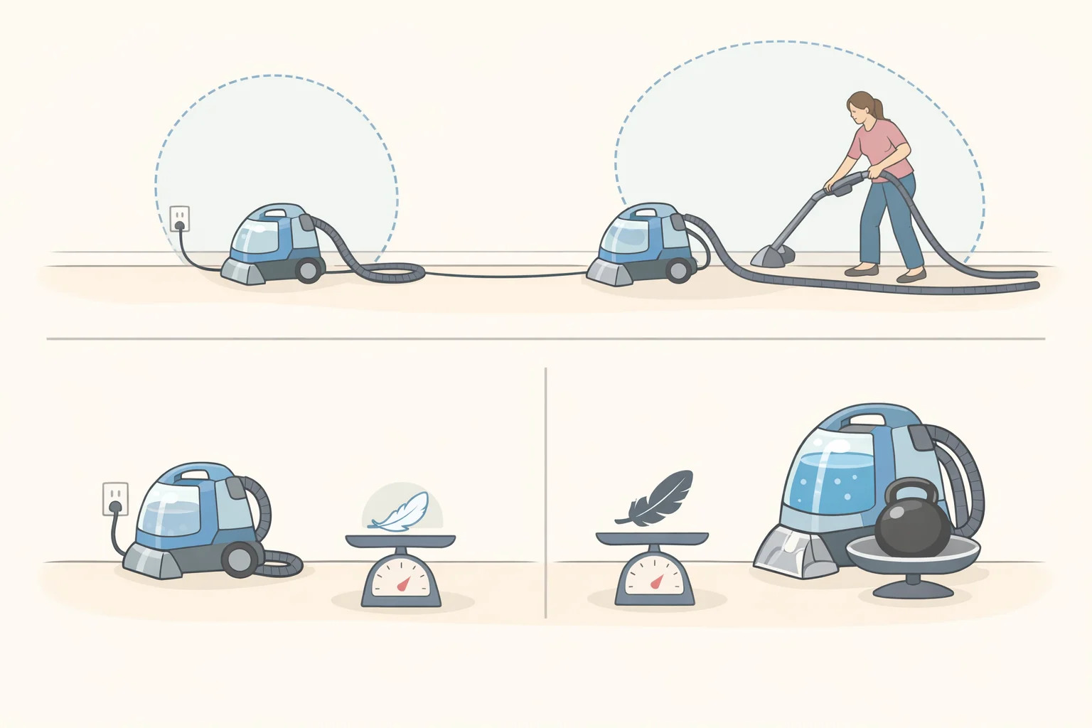 Side-by-side view of a heavier full-size carpet cleaner with a longer power cord versus a lighter portable with a short hose, highlighting storage and carrying considerations for things to know before buying a carpet cleaner