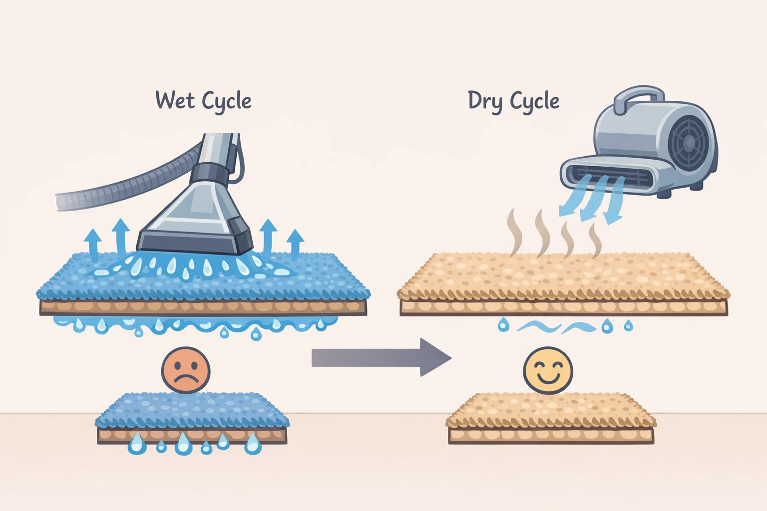 Diagram of a carpet cleaner pulling water out during extraction and returning drier solution, with a warning-style panel showing how damp carpet can promote microbial growth
