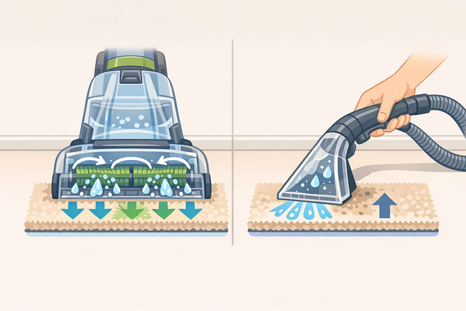 Full-size carpet cleaner with a spinning bristle head scrubbing carpet compared to a portable carpet cleaner using a hose attachment to apply and extract solution for different cleaning needs