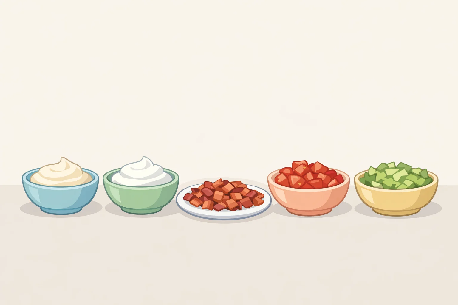 Pre-measured ingredients for a creamy BLT dip recipe: mayonnaise, sour cream, cooked bacon, chopped plum tomatoes, shredded iceberg lettuce, and seasonings