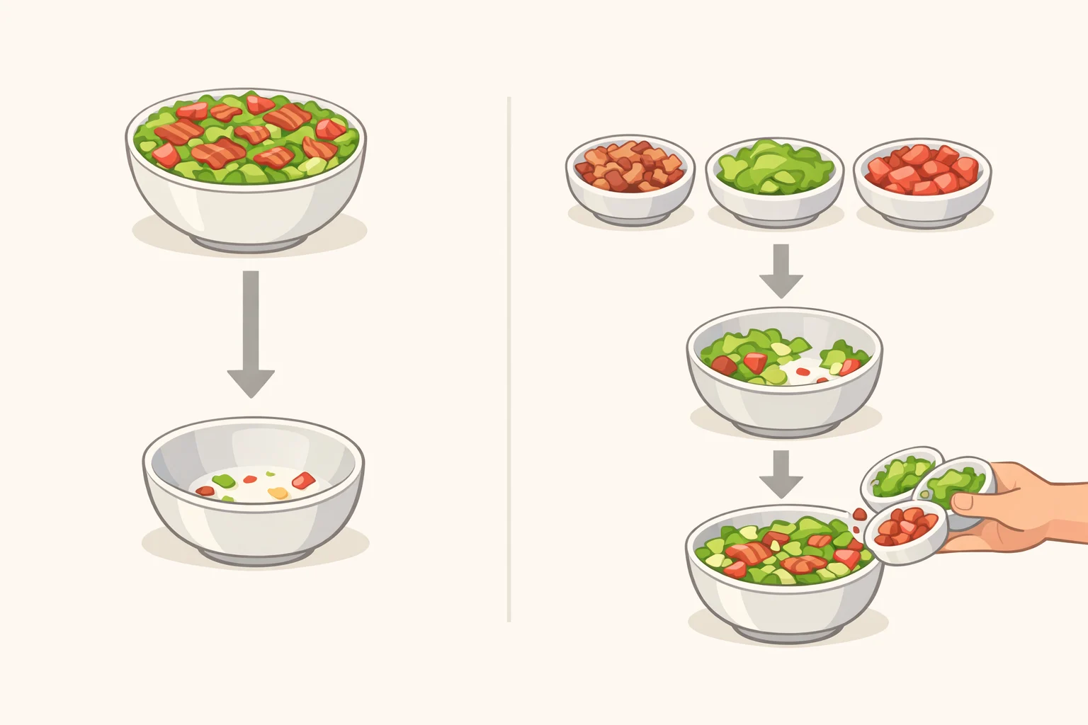 Diagram comparing a fully mixed BLT dip bowl to a serving method where bacon, lettuce, and tomato are added in portions to keep the dip from looking soggy