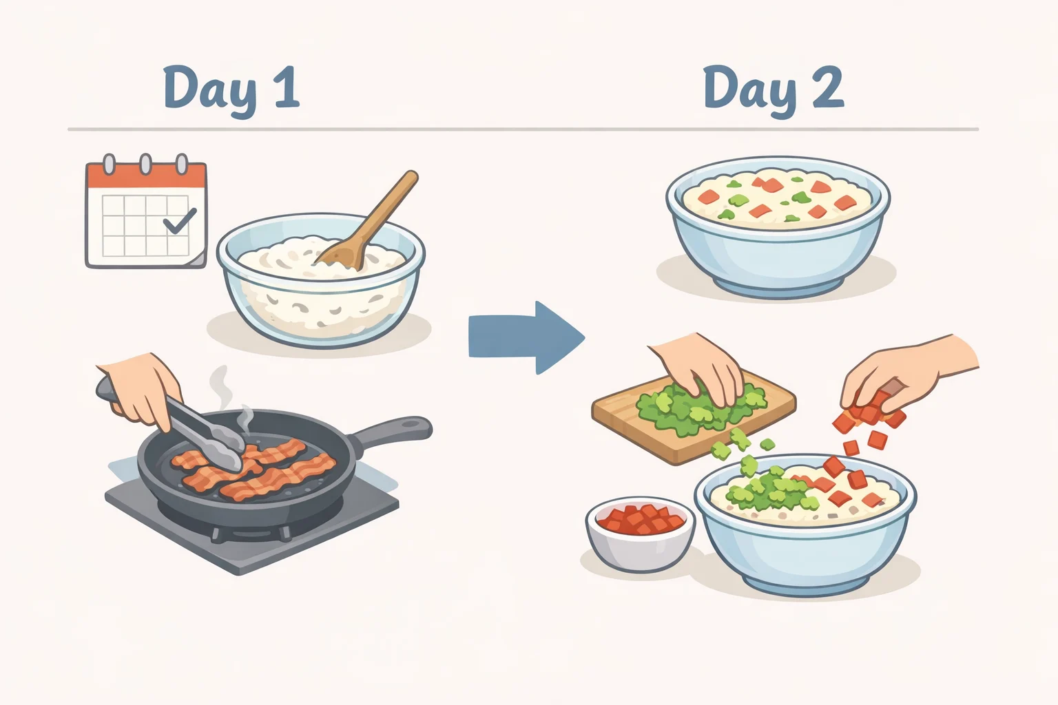 Two-day make-ahead schedule showing chilled mayonnaise-sour cream base overnight, then cooking bacon and combining with tomatoes and lettuce shortly before guests arrive
