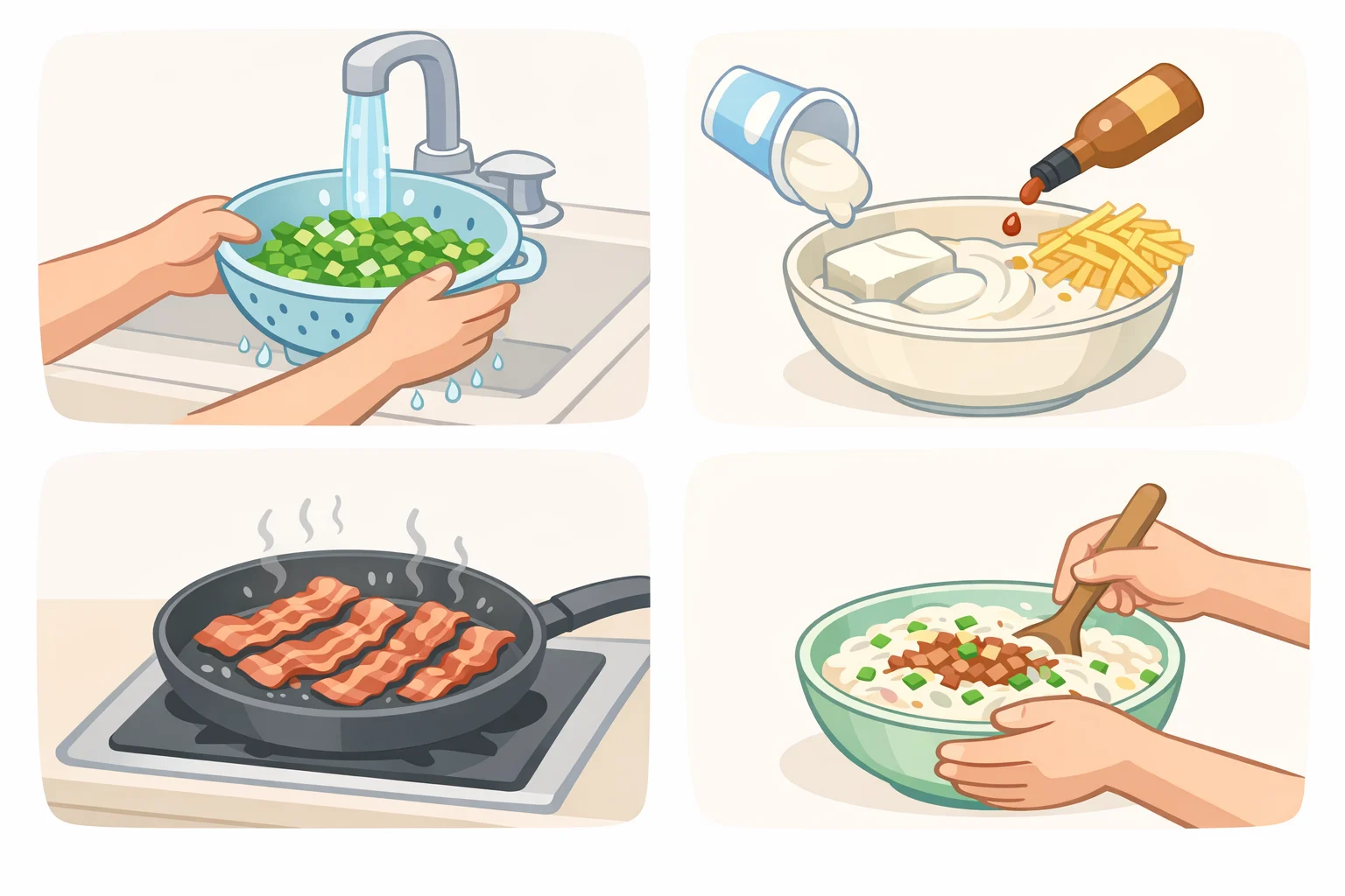 Step-by-step workflow for making BLT dip: rinse and dry lettuce and tomatoes, cook bacon until crunchy, then mix mayonnaise, sour cream, seasonings, bacon, tomatoes, and lettuce
