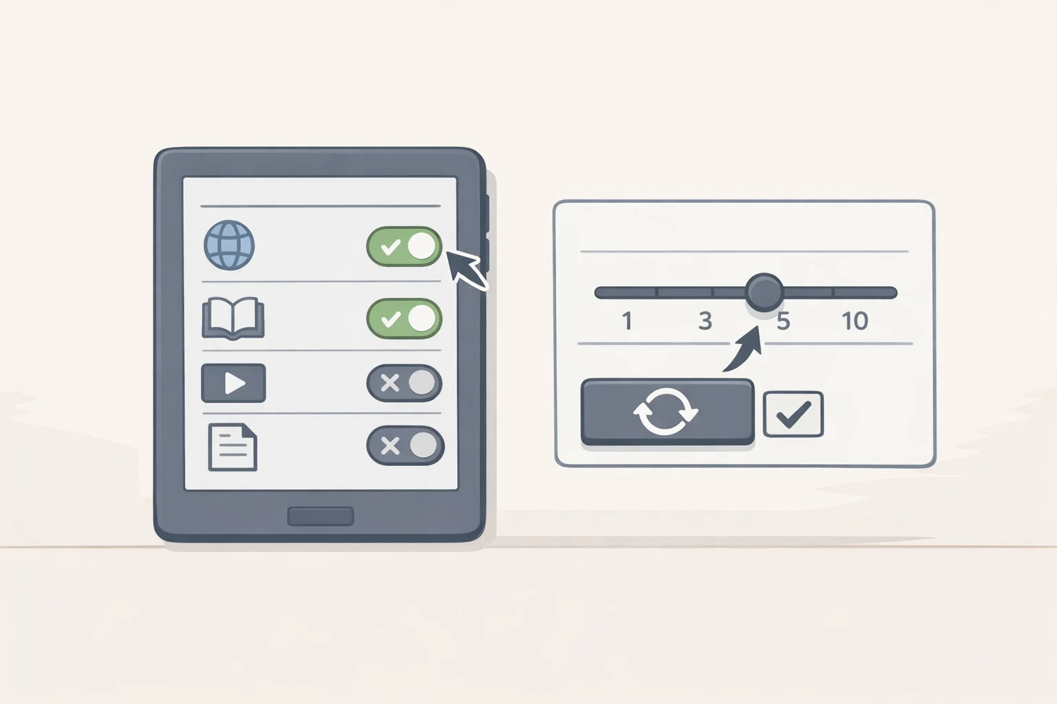 Illustration of the E Ink Center menu on the Boox Palma with refresh mode (HD vs ultra-fast) selected per app and a separate control for full-refresh frequency to prevent ghosting