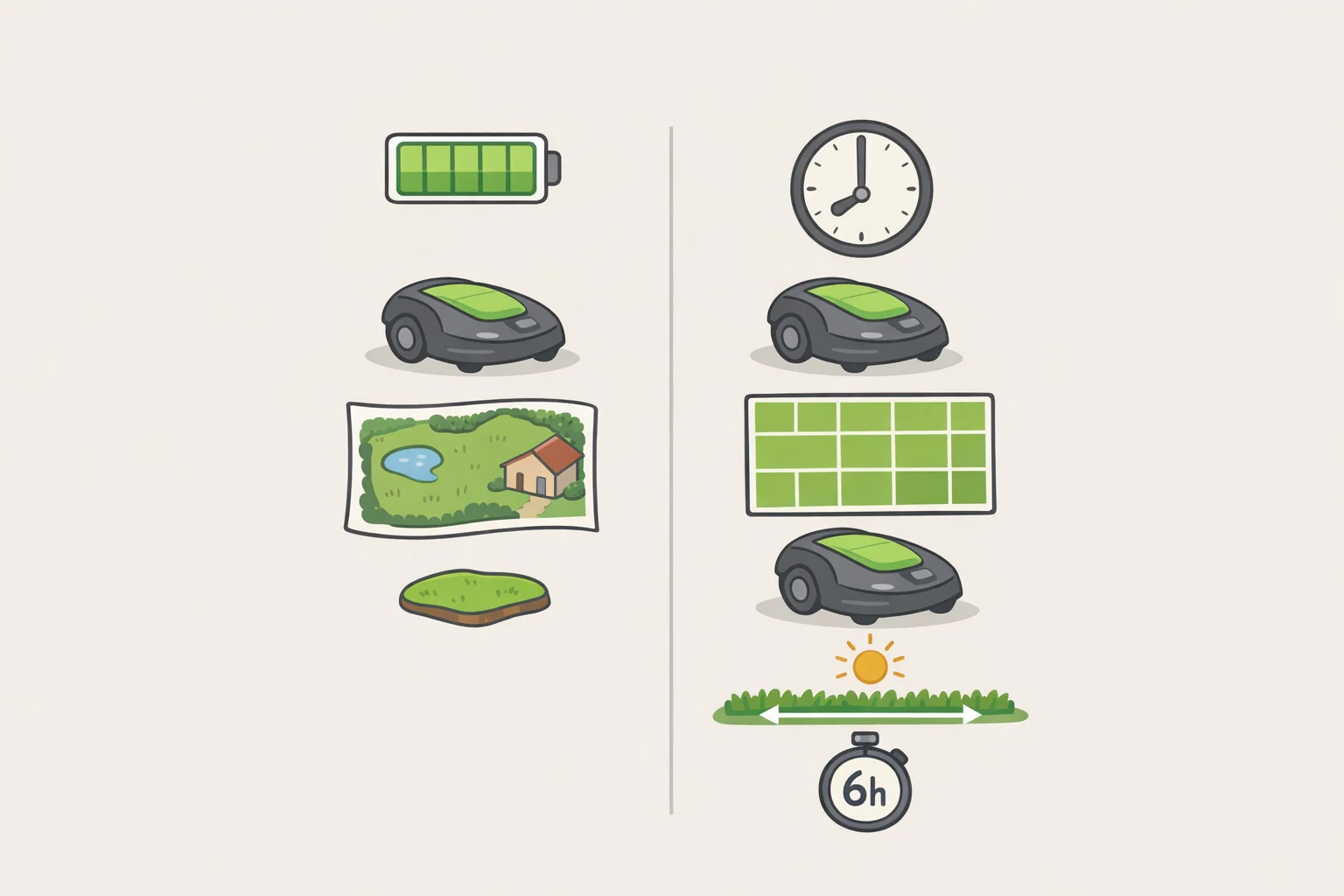 Chart comparing GOKO's claimed battery coverage per charge, expandable daily mowing area, runtime up to 360 minutes, and how mapping capacity differs from cutting capacity