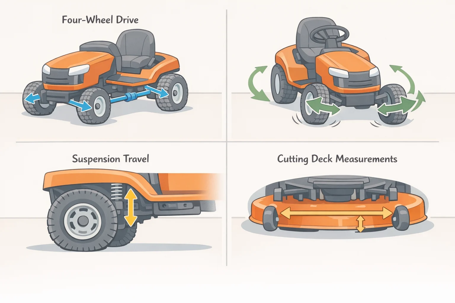 Diagram of the GOKO M6 robotic lawn mower showing four-wheel drive, active front-wheel steering, adaptive suspension over obstacles, and the adjustable 42 cm cutting deck