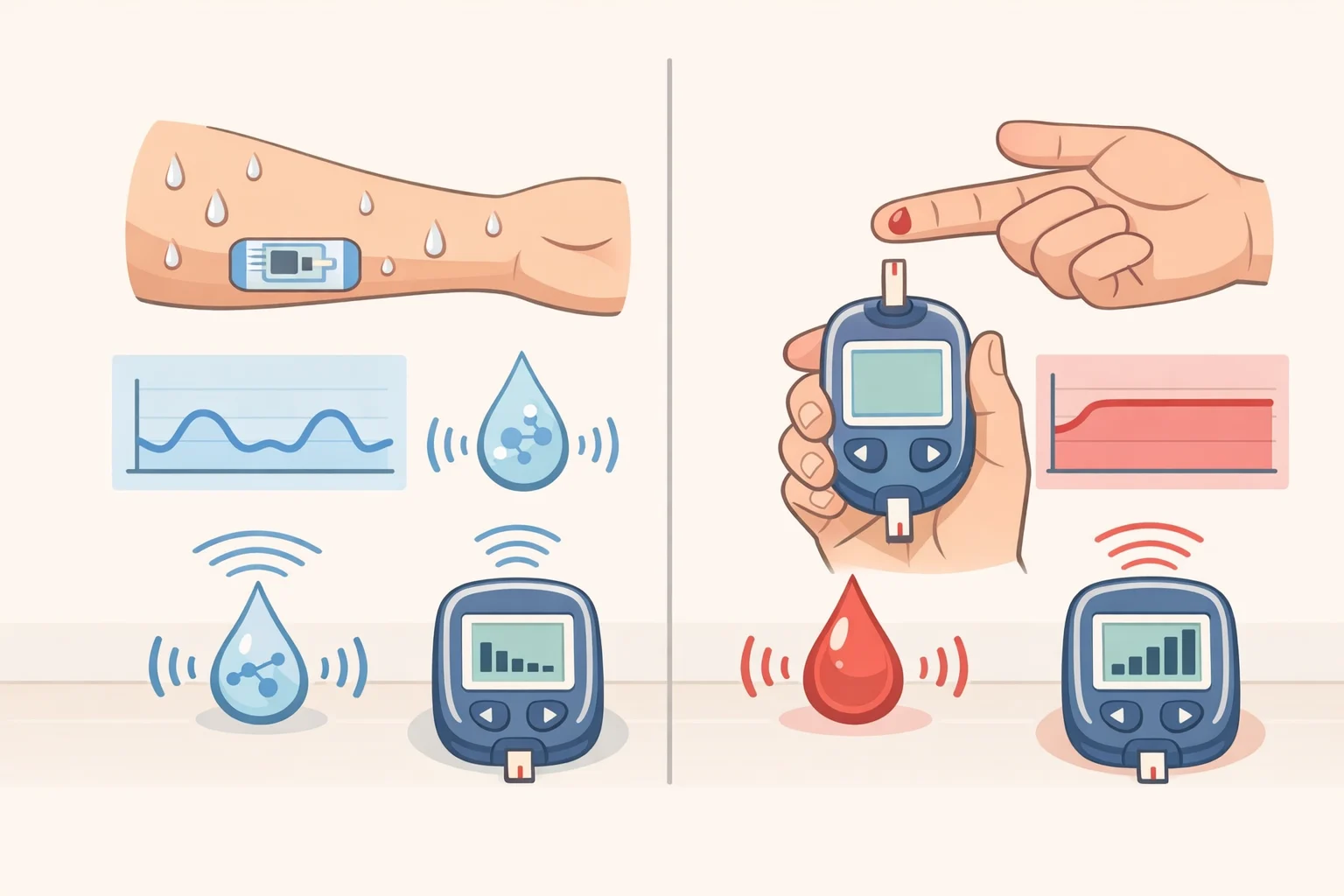 Illustration comparing glucose detection from sweat (non-invasive sensing) with invasive blood glucose testing, highlighting how sensing performance may differ by conditions
