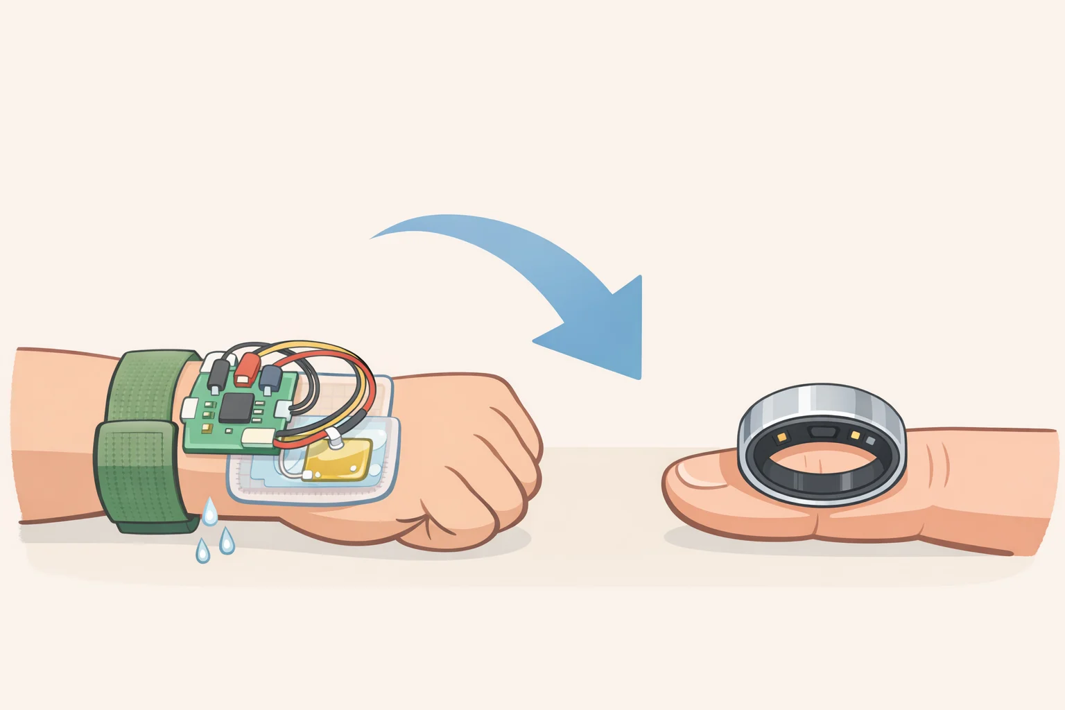 Side-by-side illustration of a microfluidic electrochemical sweat sensor prototype and a conceptual finger-worn ring, emphasizing missing clinical validation and non-exercise testing