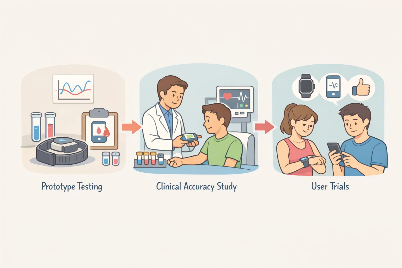 Flowchart showing steps needed to convert a sweat glucose prototype into a consumer ring, including blood-glucose comparisons, accuracy metrics, and testing across users and settings