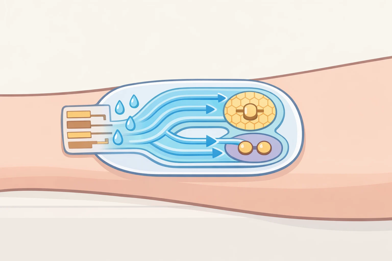 Diagram of a wearable sweat glucose sensor that uses microfluidic channels and selective electrochemical electrodes to track glucose and potassium in real time during exercise—supporting a smart ring that measures glucose in sweat concept