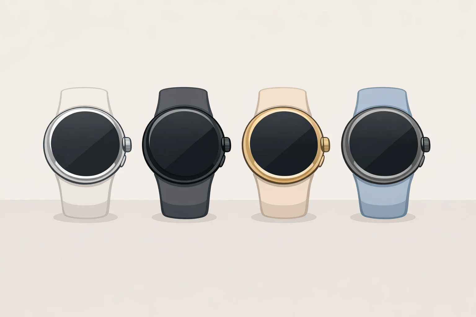 Illustration of Pixel Watch 5 colors leak showing Dark Anthracite, Natural Silver, Pyrite, and Warm Gold finishes with matching bands