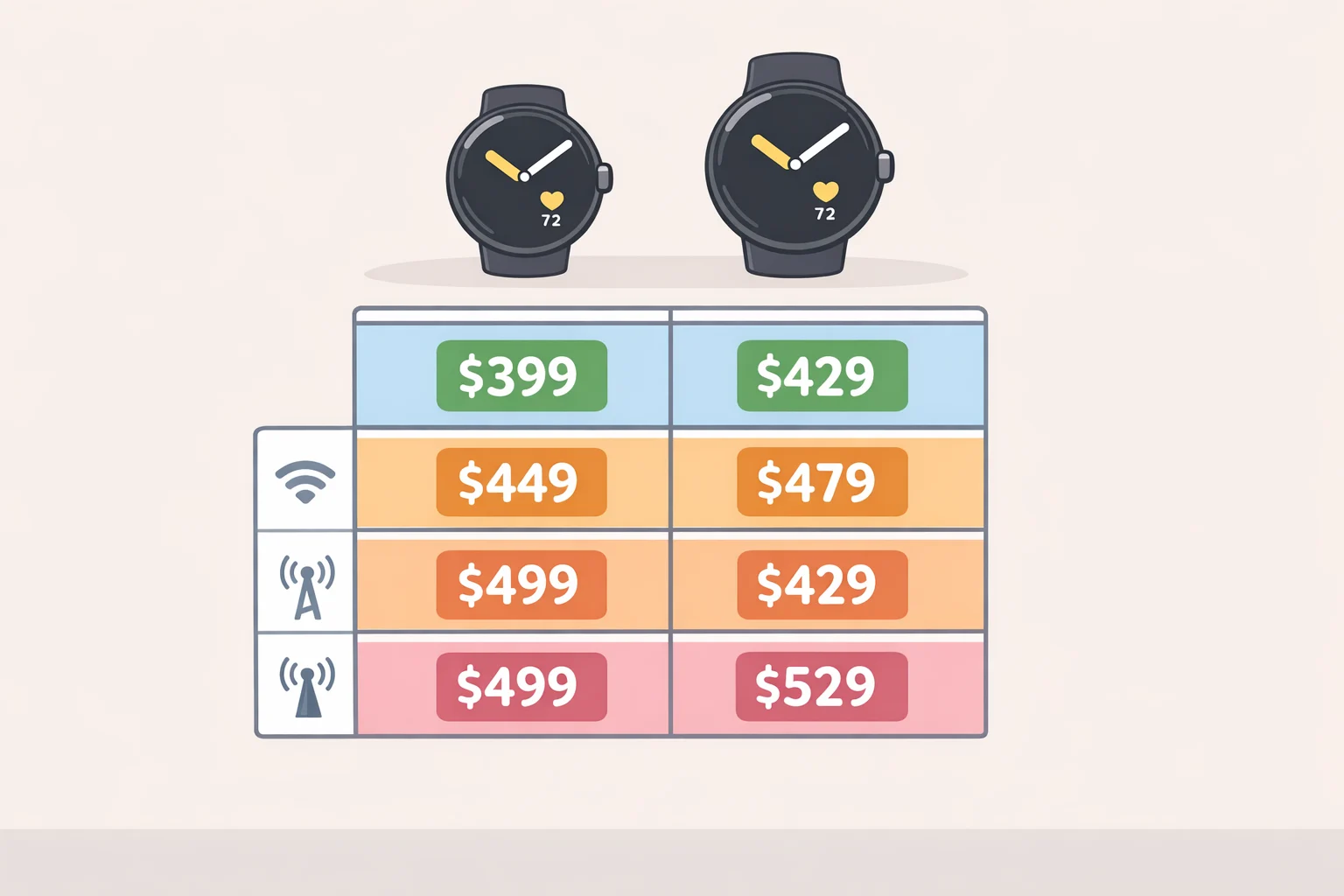 Illustration of a table layout showing Pixel Watch 5 reported US prices: 41mm Wi‑Fi $399, 45mm Wi‑Fi $429, 41mm Wi‑Fi+LTE $499, and 45mm Wi‑Fi+LTE $529