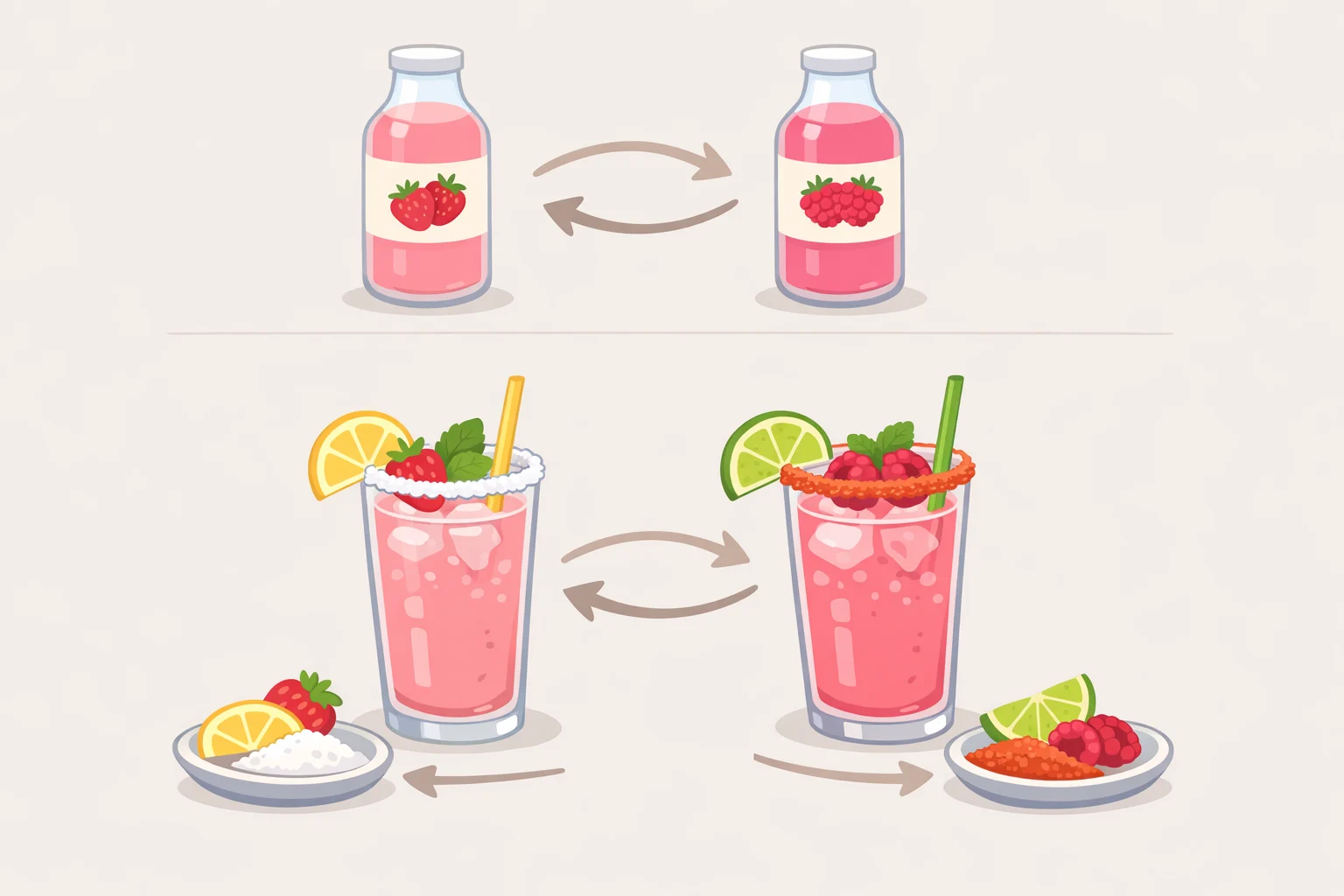 Comparing customization options for a pink tequila cocktail: swapping strawberry or raspberry pink lemonade, with salt-rim and lemon garnish placement shown for different glass styles