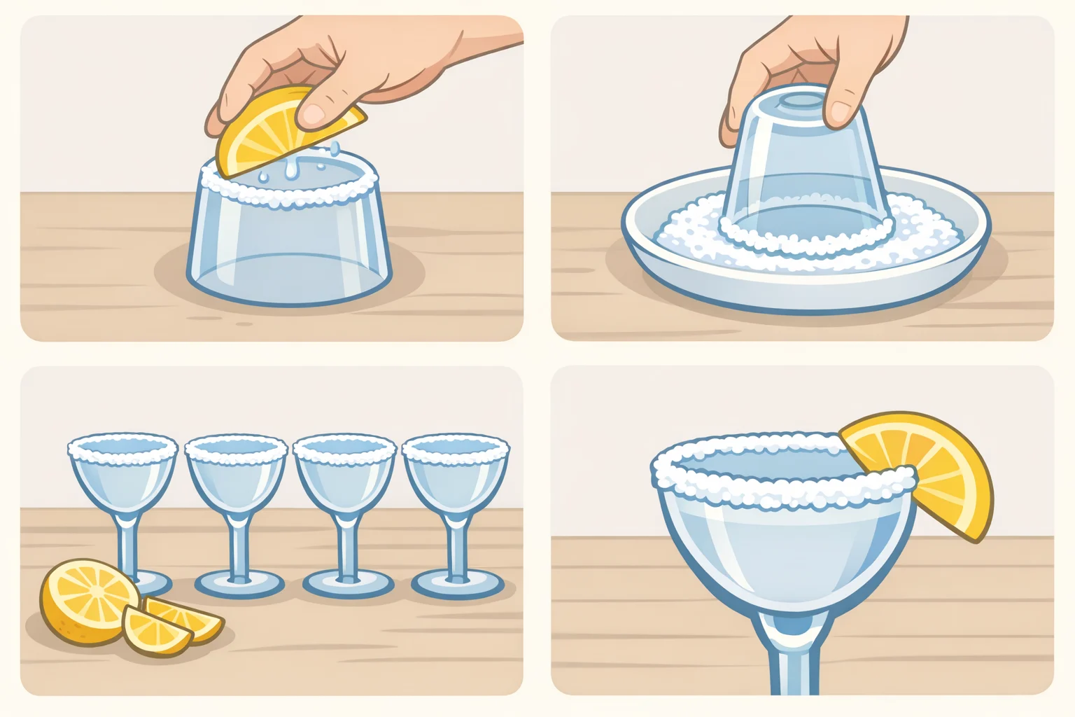 Rimming the glass for a pink señorita cocktail recipe: lemon wedge rubbed on the rim, then dipped in coarse salt before adding ice and pink lemonade