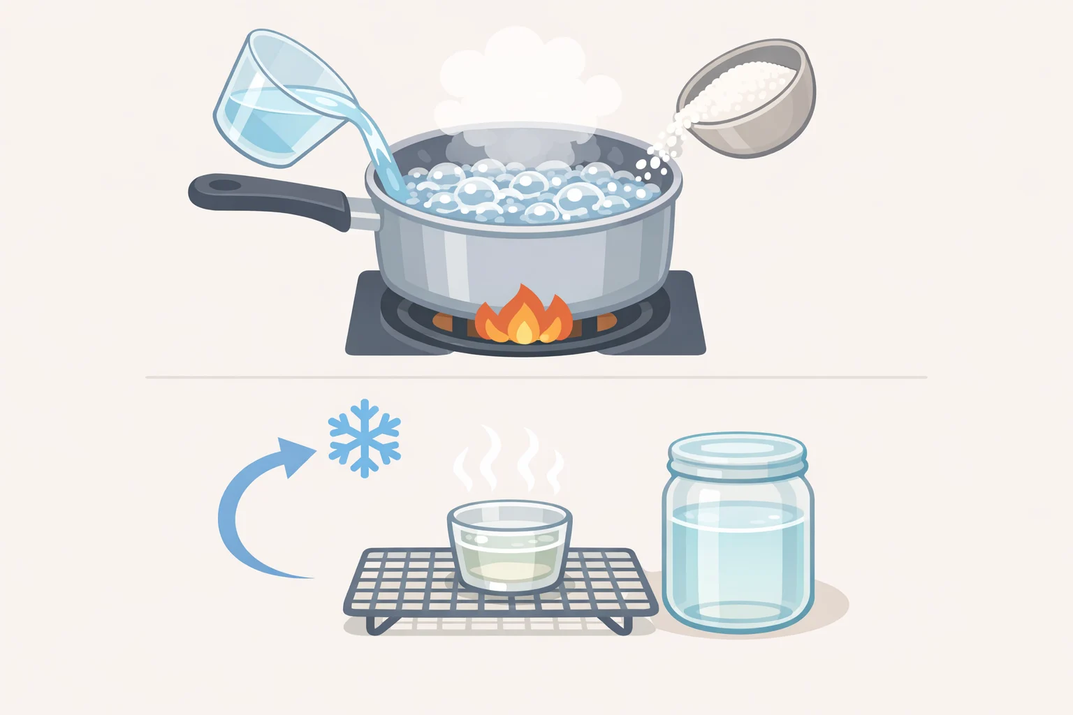 Cooking simple syrup for the grapefruit-cranberry pink señorita: granulated sugar and water brought to a boil in a saucepan, then cooled before shaking into the drink