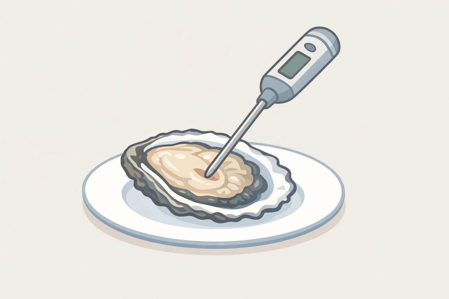 Instant-read thermometer inserted into the thickest oyster meat to confirm 145°F for at least 15 seconds, with the probe kept out of the shell
