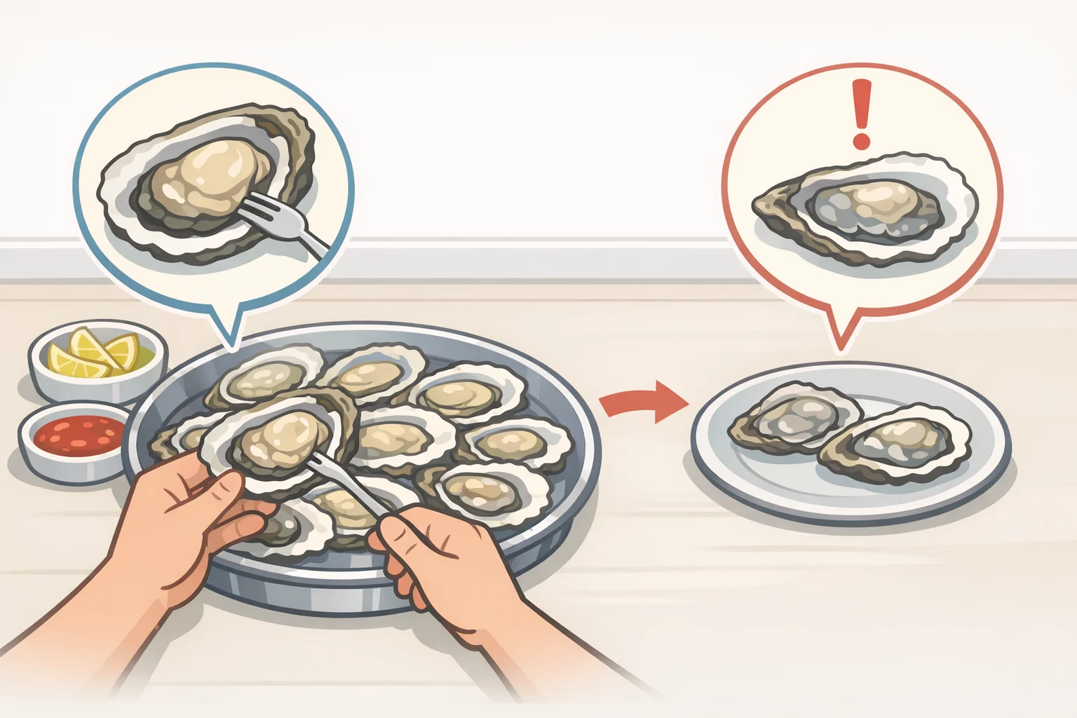 Final safety check for grilled oysters: using the thermometer result to confirm doneness and serving only oysters that were cooked to 145°F, with a reminder that some risks can’t be seen by appearance