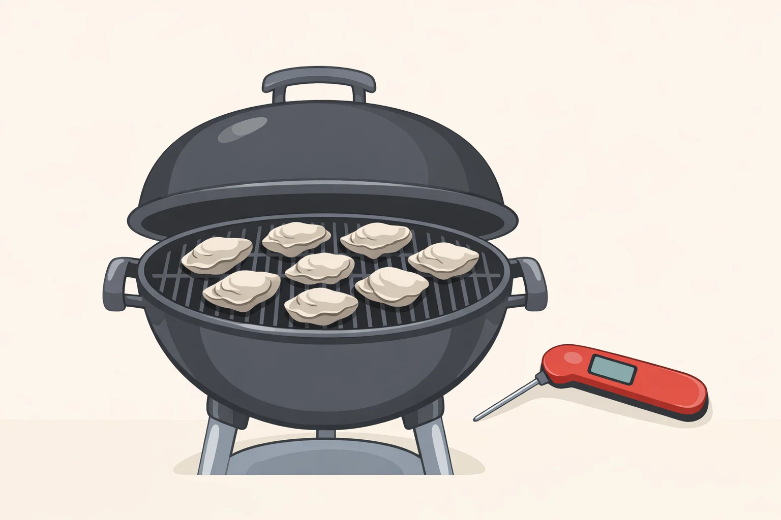 Grill setup for how to grill oysters safely: live oysters set cup-side down on the grate with the lid closed and an instant-read thermometer ready for checking 145°F