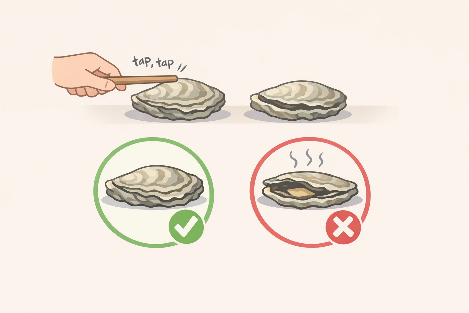 Tap-test check for live oysters: a tightly closed shell or one that snaps shut when tapped, while an oyster that stays open should be discarded before you grill oysters safely