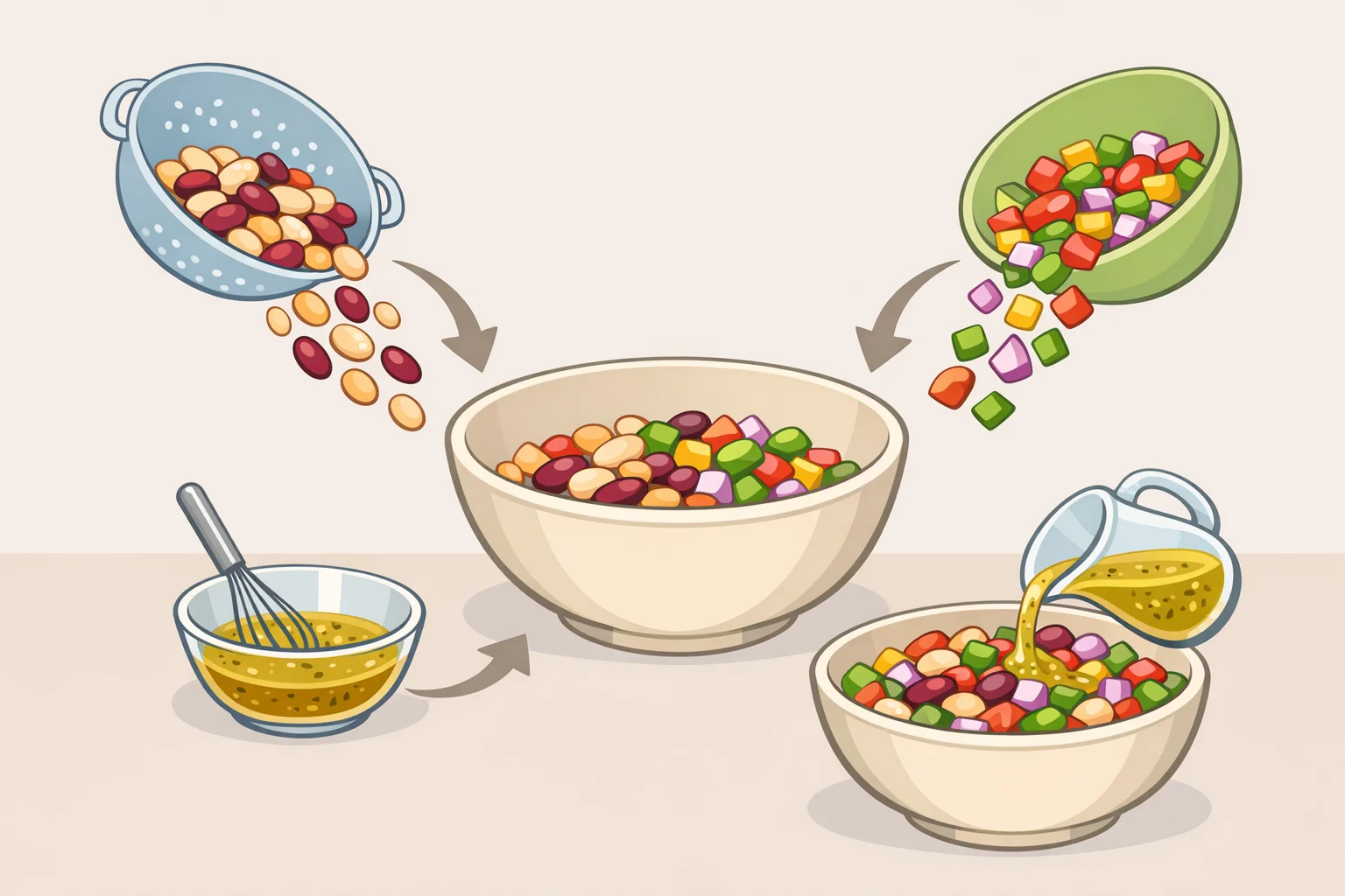 Photo-style illustration of a large mixing bowl where black-eyed peas, black beans, corn, diced tomatoes, peppers, onion, and jalapeño are tossed with a separate vinaigrette dressing