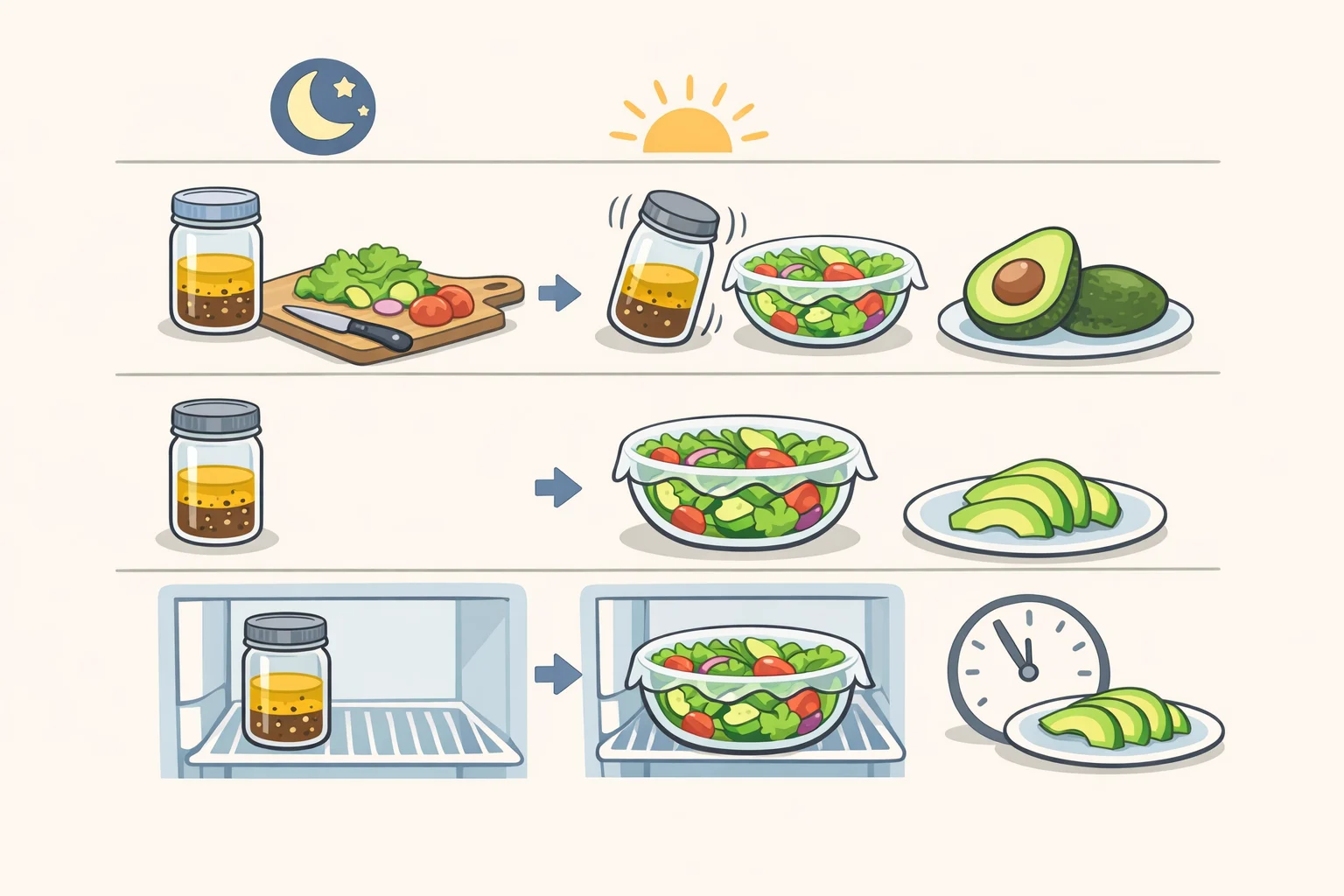 Timeline graphic showing when to make the cowboy caviar dressing up to 2 days ahead, assemble the salad up to 1 day ahead while holding avocado, then rest about an hour before serving and fold in avocado right at the end