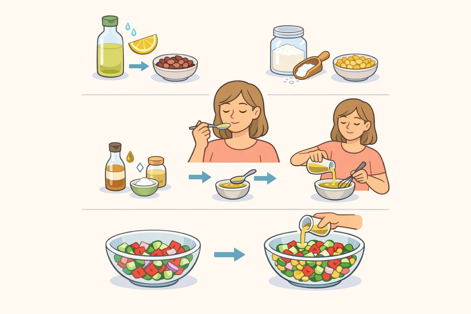 Illustration of a cook tasting dressing in a small bowl to adjust lime juice or vinegar and sweetener after swapping beans or corn for a cowboy caviar batch