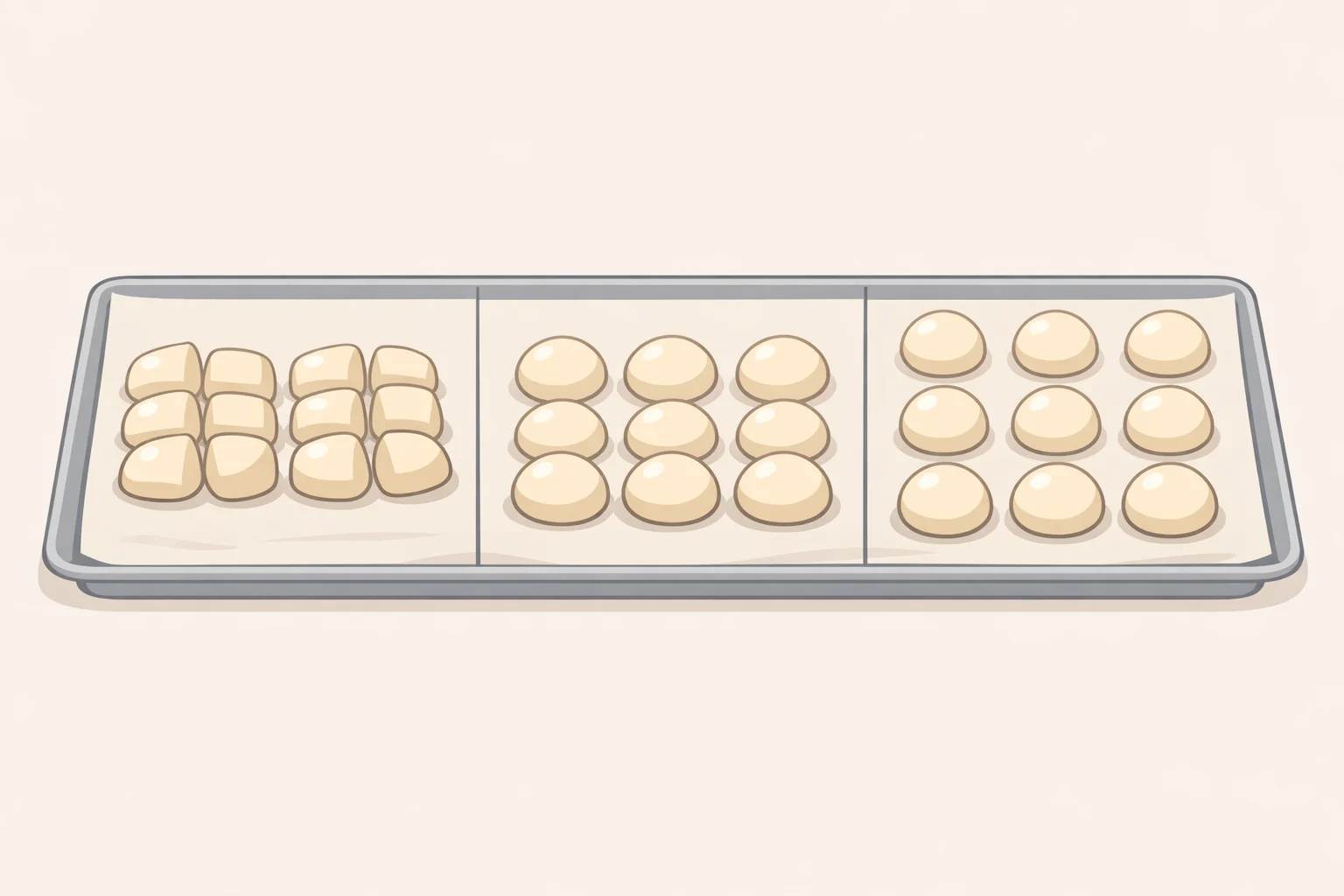 Dough divided into eight rounds on a parchment-lined tray with spacing for proofing during the maritozzi recipe