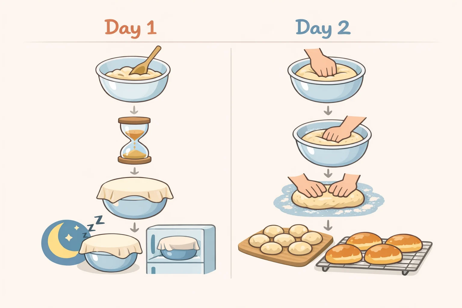 Timeline graphic for an overnight maritozzi recipe showing mix-and-knead, refrigeration for 12–16 hours, then divide, proof, bake, cool, and fill